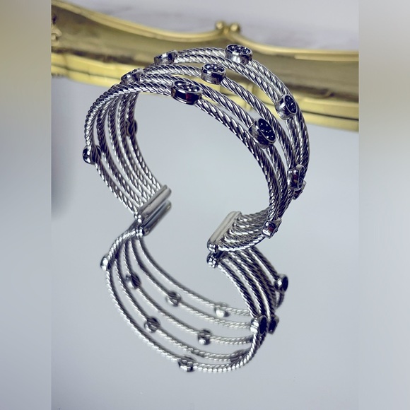 Metal Cuff Bracelet with Faux Diamond Clusters - Picture 3 of 4